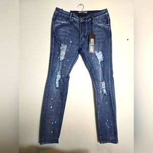 Hustle Jeans Distressed Slim Skinny Super Stretch Premium Denim Med Blue